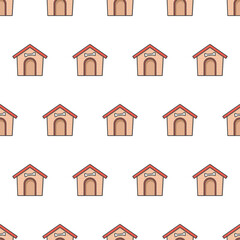 Dog House Seamless Pattern On A White Background. Animal House Theme Vector Illustration