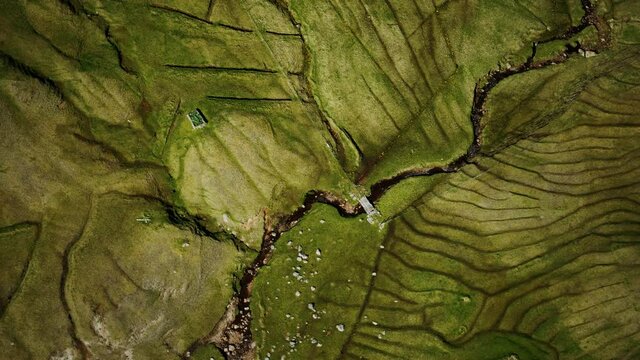 aerial view of green landscape in Faroe Islands
