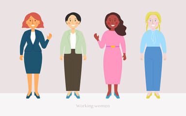 オフィスで働く女性キャラクター。ベクターデータ。