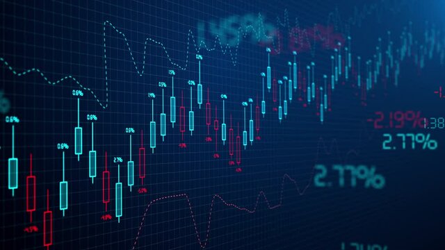 Stock market exchange and forex candles chart background. Investment indexes and currency stats data. Finance and trade concept. Bitcoin and cryptocurrency trading