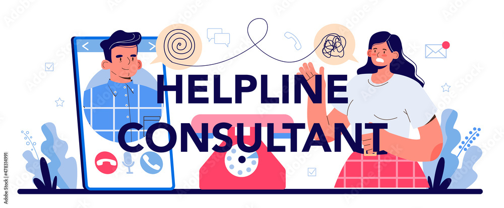 Poster helpline consultant typographic header. support operator wearing headsets