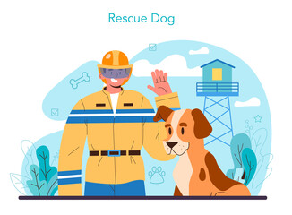 Rescue dog. Dog handler concept. Training exercise for social services dogs