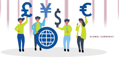 2d illustration global currency holding business people
