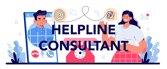 Helpline consultant typographic header. Support operator wearing headsets