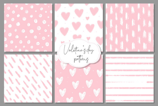 Set of 6 Valentine's day seamless patterns decorated with brush strokes and hearts. Good for wrapping paper, prints, apparel, scrapbooking, wallpaper, etc. EPS 10