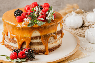 Delicious chocolate cake topped with mascarpone cream and salted caramel. Decorated with red fruits. Light background