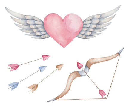 Watercolor illustration of hand painted pink heart with grey bird wing feathers as angel Cupid, arrows, bow. Isolated clip art elements for birthday, wedding invitation. Love card for Valentine's Day