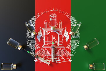 Glass vials and syringes on the flag of Afghanistan. Vaccination related conceptual 3D rendering