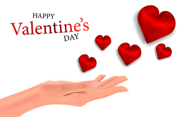 Valentine's Day, realistic hand and heart on white isolated background, love concept,vector graphics