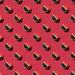 seamless pattern, toy Black caviar in can on red background. Black caviar in metal can. National...