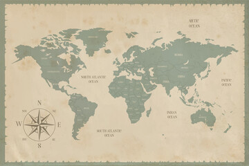 Old world map in vintage style. Political vintage world map. Vector stock