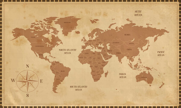 Old world map in vintage style. Political vintage world map. Vector stock