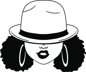Simple afro woman in floppy sunhat hat. A girl with earrings and curly hair. silhouette vector illustration design isolated black background.Cutting and print file