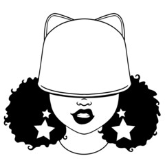 Simple afro woman in flat cat hat. Girl with earrings and curly hair. silhouette vector illustration design isolated black background. Cutting and printing file. low hat lip bite girl