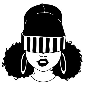 A simple afro woman in a low hat. winter hat. Girl with earrings and curly hair. silhouette vector illustration design isolated black background. Cutting and printing a file