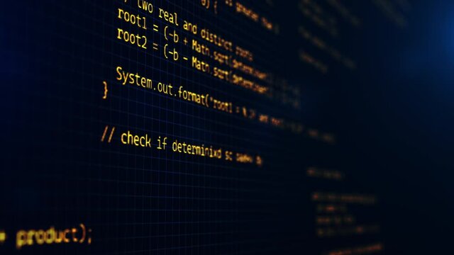 Developer working on program code. Hack or protection data. Website scripts digits and commands at computer screen. Modern hi-tech software development and blockchain concept. 3D technology background