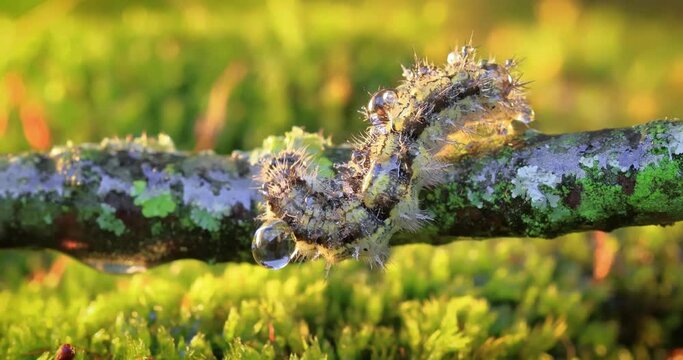 Small tortoiseshell (Aglais urticae) caterpillar. The urticaria caterpillar crawls in the rays of the setting sun.