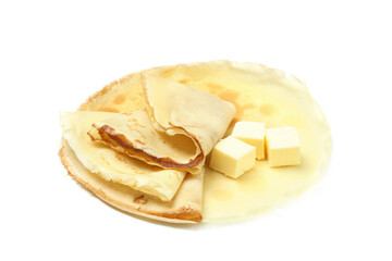 Crepes or thin pancakes isolated on white background