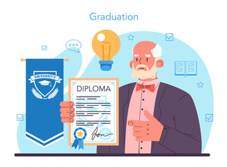 University professor concept. Lecturer standing in front of chalkboard