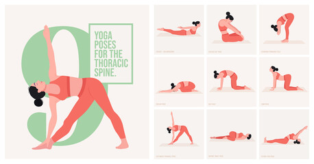 Yoga poses For Thoracic spine. Young woman practicing Yoga poses. Woman workout fitness and exercises. - obrazy, fototapety, plakaty