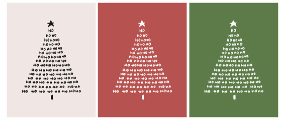 Christmas Vector Cards. White and Black Christmas Tree Isolated on a Red, Beige and Green Background. Cute Christmas Illustration in 3 Different Colors. Tree Made of Handwritten Ho Ho Ho. - obrazy, fototapety, plakaty