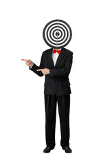 man in a suit and bow tie with a target on his head