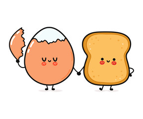 Cute, funny happy toast and eggs. Vector hand drawn cartoon kawaii characters, illustration icon. Funny cartoon toast and eggs mascot character concept