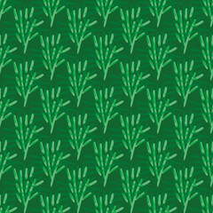 Green sprigs vector seamless pattern background. Branches of abstract rosemary plant backdrop. Painterly doodle greenery geometric design. Monochrome blended paint effect botanical herb repeat.