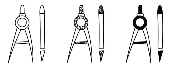 Set of hand-drawn vector Compass and pencil in doodle cartoon style. National Science Day