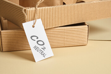 Eco friendly packaging marked co2 neutral, paper recycling, zero waste, natural products concept.