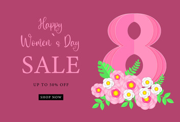 Sale Promotion Discount March 8 Paper Cut Flowers and Number 8 Baner Womens Day Design Design Concept for International Womens Day Holiday Greeting Card Baner Flyer Vector illustration