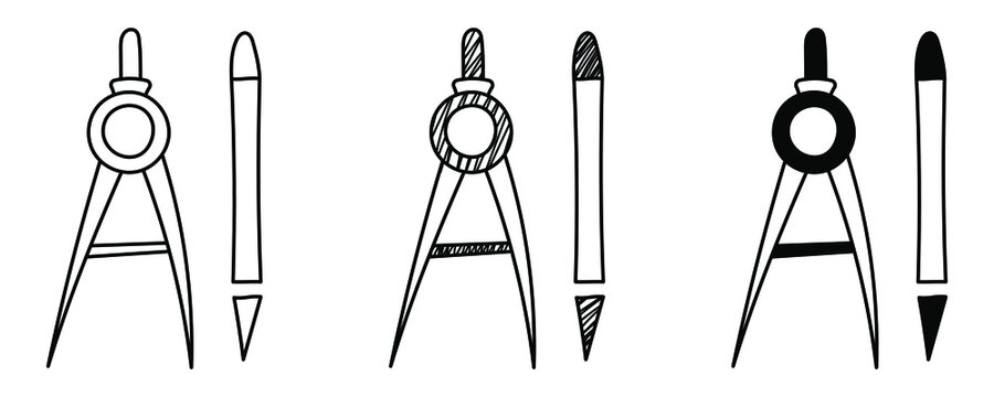 Set of hand-drawn vector Compass and pencil in doodle cartoon style. National Science Day