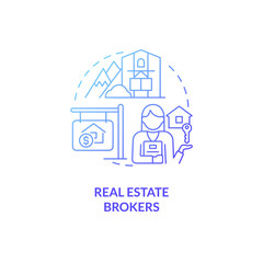 Real estate brokers blue gradient concept icon. Customers of realty manager abstract idea thin line illustration. Isolated outline drawing. Roboto-Medium, Myriad Pro-Bold fonts used