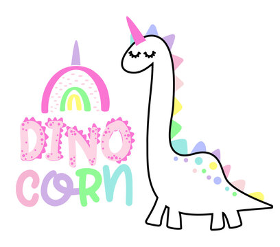 DinoCorn, dinosaur unicorn - funny hand drawn doodle, cartoon dinosaur. Good for Poster or t-shirt textile graphic design. Vector hand drawn illustration. Dinosaur Girl.