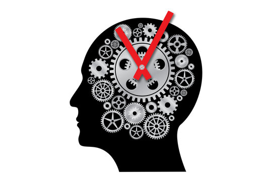 Human head silhouette with gears shaped clock on white background