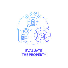 Fototapeta premium Evaluate property blue gradient concept icon. Rental estate management service abstract idea thin line illustration. Isolated outline drawing. Roboto-Medium, Myriad Pro-Bold fonts used