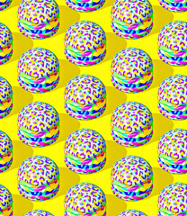 Seamless isometric 3d render pattern. Minimal design. Creative Burgers. Fast food, junk food concept