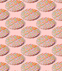 Fototapeta na wymiar Seamless isometric 3d render pattern. Minimal design. Waffle. Sweet, candy shop, food concept
