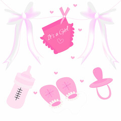 Baby girl shower card. Vector illustration in a flat style of conceptual elements for newborns