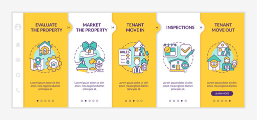 Fototapeta na wymiar Property management operations yellow onboarding template. Rental business. Responsive mobile website with linear concept icons. Web page walkthrough 5 step screens. Lato-Bold, Regular fonts used