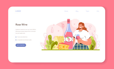 Wine web banner or landing page. Grape wine in a bottle and glass full