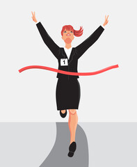 Happy woman in jacket and skirt runs to the finish line first. The winner. The concept of leadership. Vector isolated flat illustration