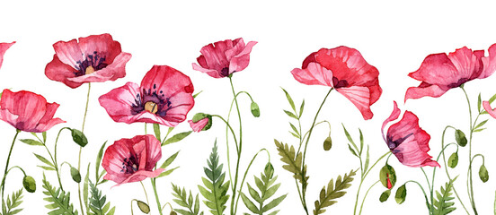 Watercolor hand painted seamless banner with red flowers. Long field with poppie with green leaves. Greeting card design bottom element