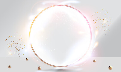 Golden ring with light circles and spark with light effect. Luxury round frame with flare and glitter. Vector light ring. Round shiny frame with lights dust trail particles. Magic concept.Vector EPS10