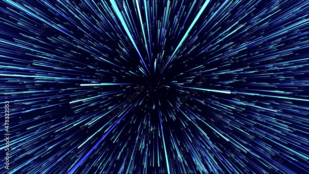 Aufkleber Abstract blue hyper jump. Digital hyperspace with flow of bright particles. Beams motion in galaxy. Big stars explosion. Space glowing tunnel moving at the speed of light. 3d rendering.