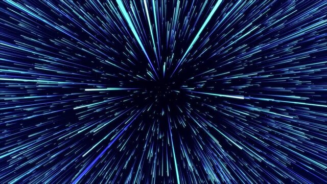 Abstract blue hyper jump. Digital hyperspace with flow of bright particles. Beams motion in galaxy. Big stars explosion. Space glowing tunnel moving at the speed of light. 3d rendering.