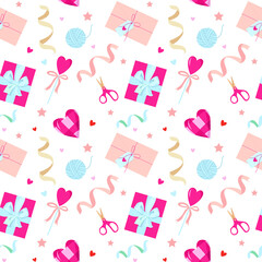 Valentines day seamless pattern on a white background. Cute gift boxes, heart, envelope, confetti, candy. Perfect for printing on fabric, paper.