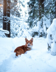 A cute red welsh corgi pembroke puppy dog walking along a snow-covered path against the backdrop of a frosty winter forest. . Looking into the camera.