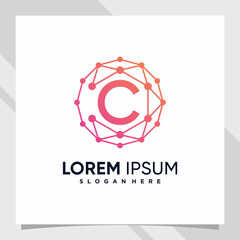 Creative technology logo design initial letter c with line art and dot style