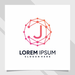 Creative technology logo design initial letter j with line art and dot style